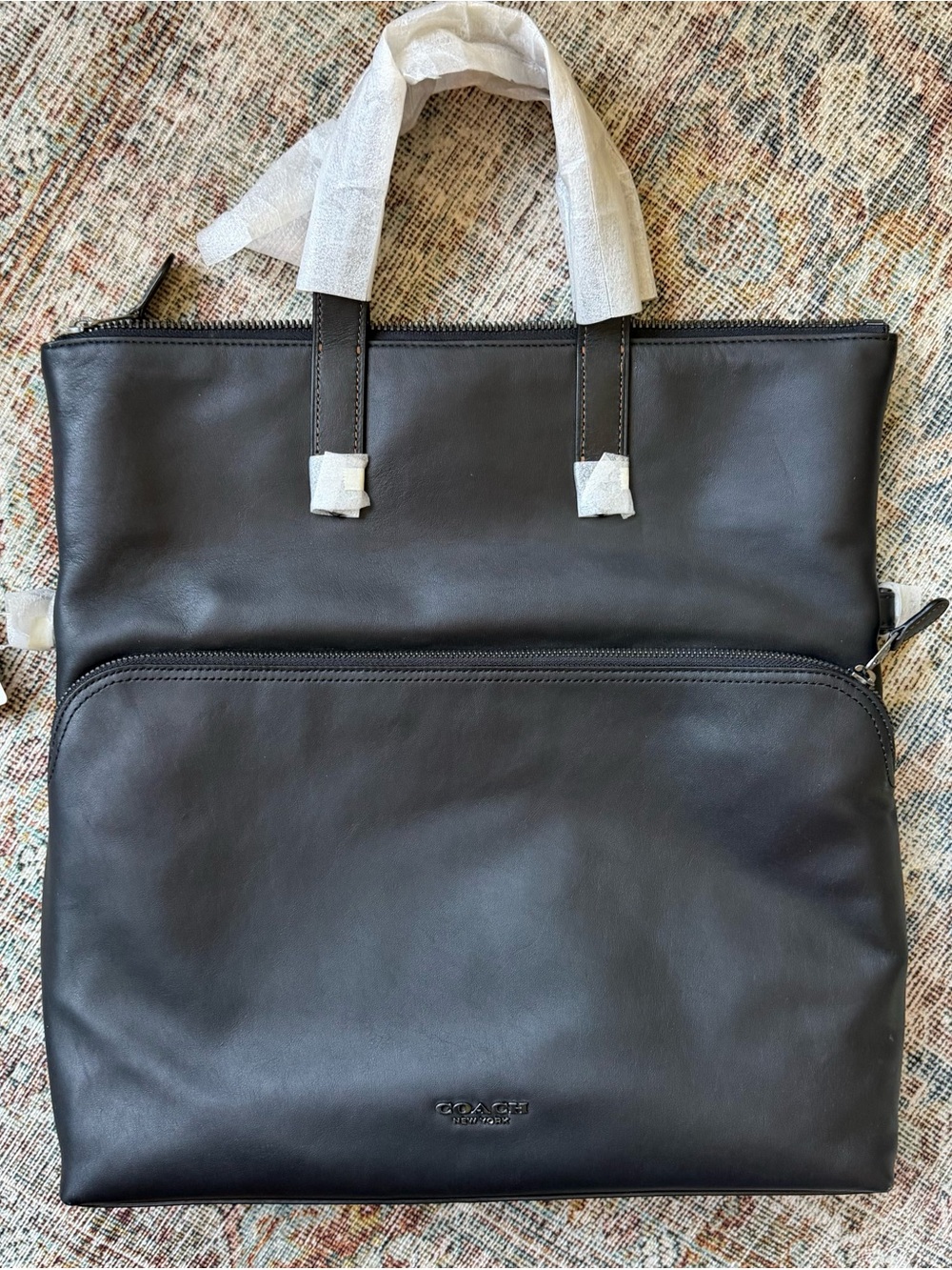 NWT Coach Graham Foldover Tote - Men’s Black Leather Laptop Briefcase Travel Bag